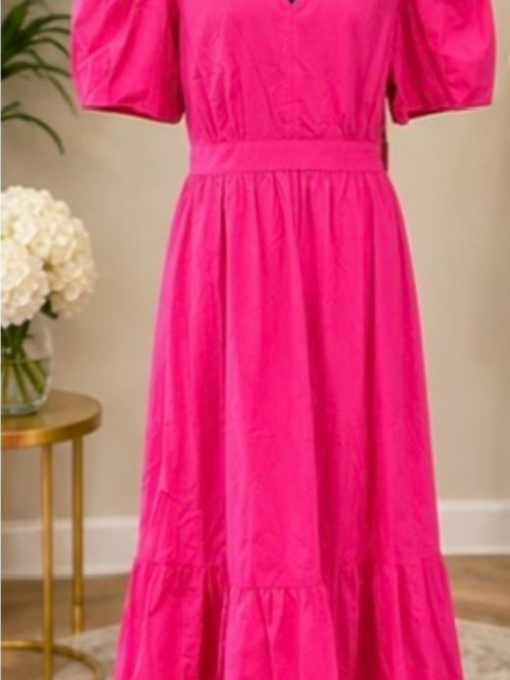 CeCe Garden Romance Bright Rose Pink Puff Sleeve Maxi Dress Size L NWT